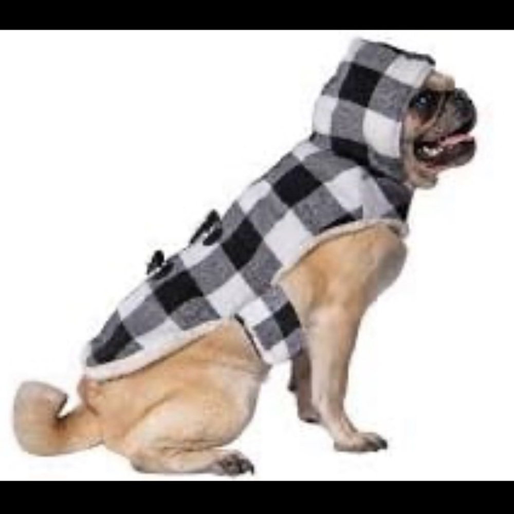 Black & White Buffalo Plaid Jacket w/ Hood & Sherpa Lining for Dogs